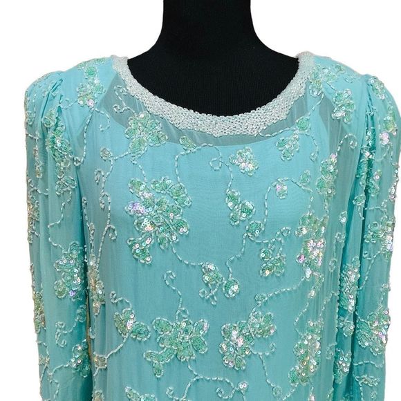 Vintage 70’s Light Blue 100% Silk Formal Dress 2 Piece Slip & Long Beade… - Picture 2 of 15